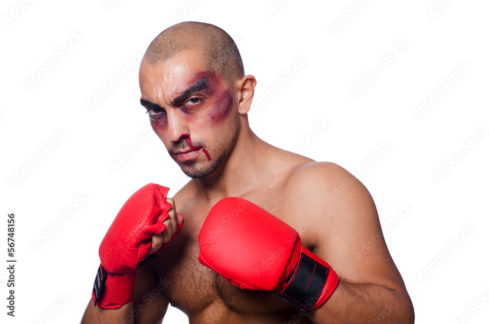 Badly beaten boxer isolated on white
