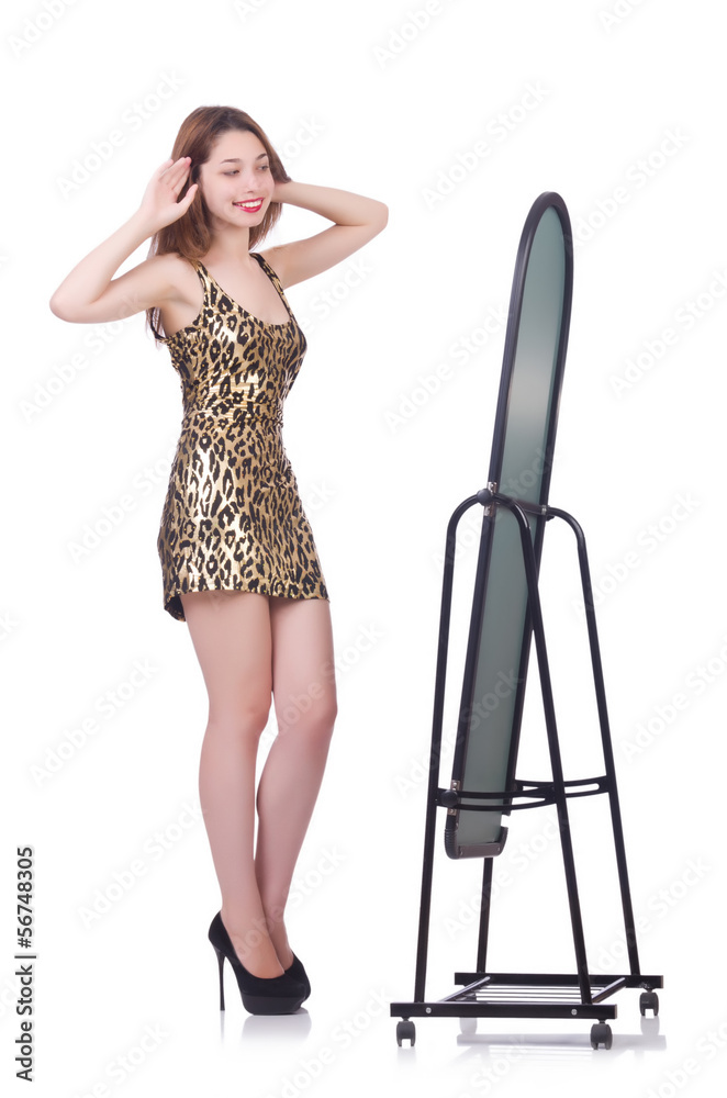 Fototapeta premium Woman trying new clothing on white