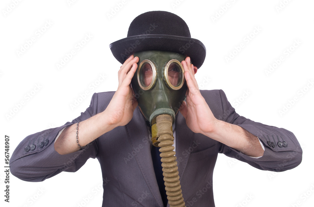 Businessman wearing gas mask isolated on white Businessman wearing gas mask isolated on white