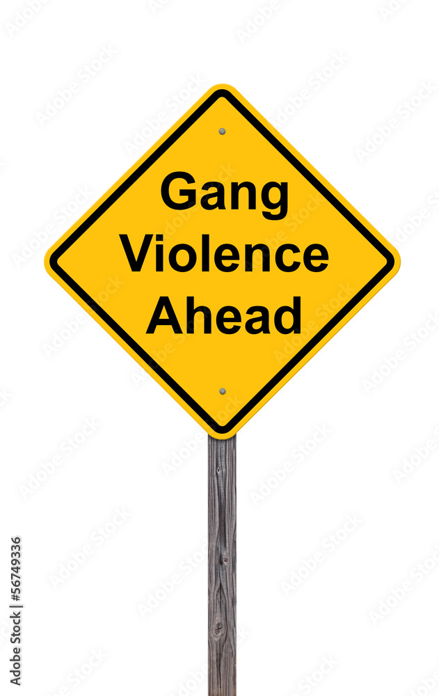 Caution Sign On White - Gang Violence Ahead