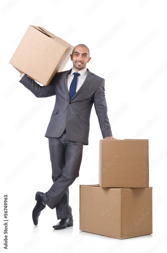 Businessman with box isolated on the white