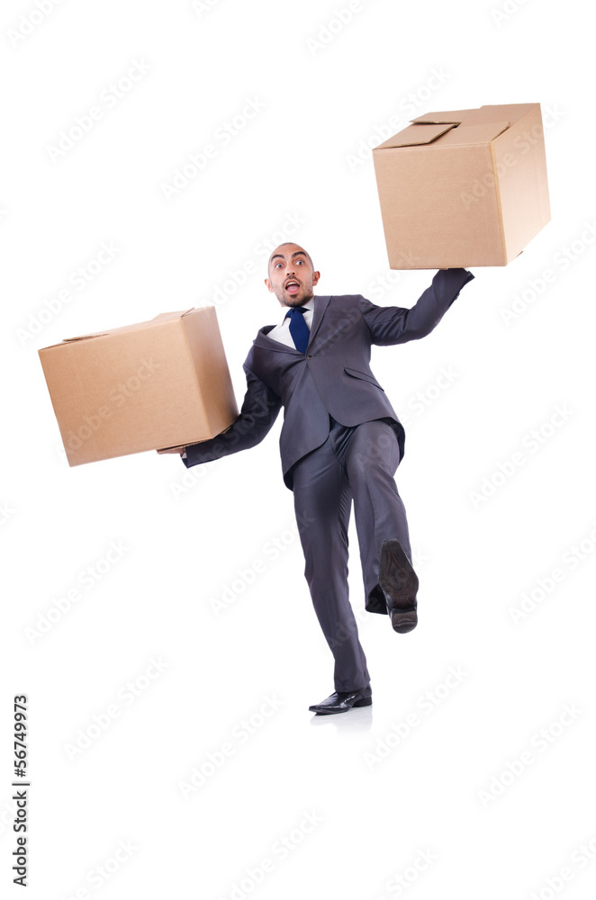 Businessman with box isolated on the white