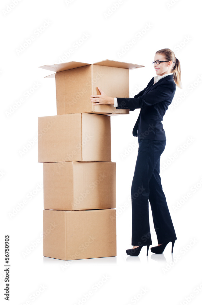 Businesswoman with boxes isolated on white Businesswoman with boxes isolated on white