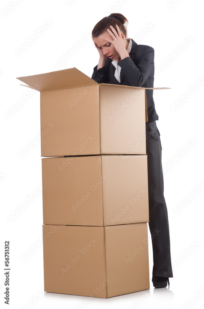 Woman businesswoman with boxes on white Woman businesswoman with boxes on white