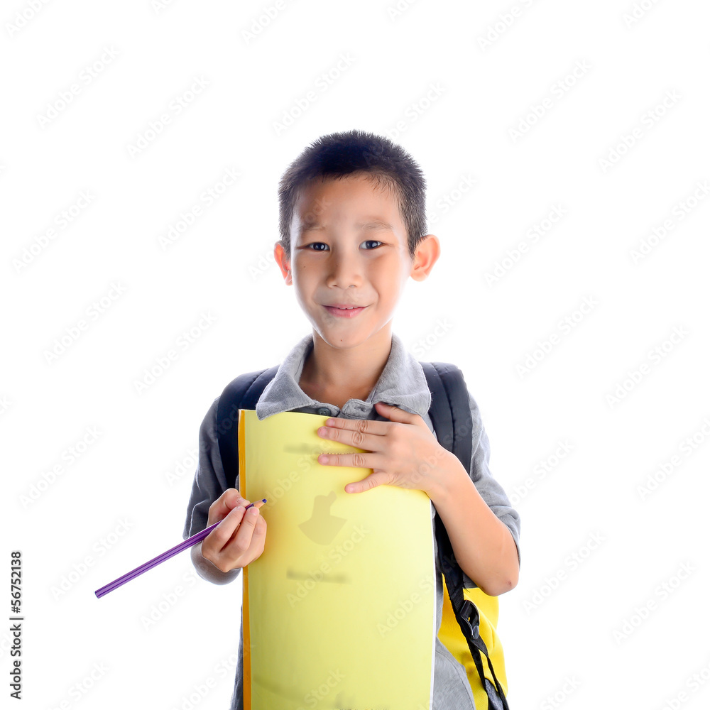 Happy schoolboy with backpack and book isolated on white backgro Happy schoolboy with backpack and book isolated on white backgro