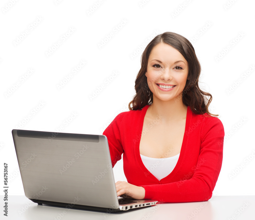 smiling woman in red clothes with laptop computer smiling woman in red clothes with laptop computer