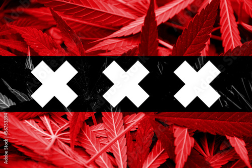 Photography Amsterdam City Flag on cannabis background. Drug policy