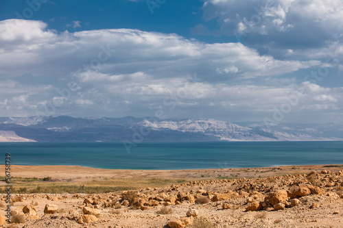 Dead Sea in the desert with mountain view