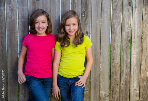 Tableau sur toile Twin sisters with different hairstyle posing on wood fence