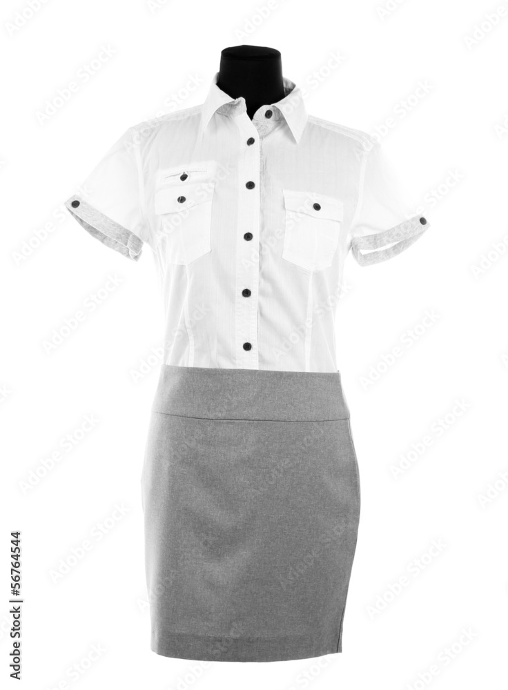 Nice blouse and gray skirt on mannequin, isolated on white Nice blouse and gray skirt on mannequin, isolated on white