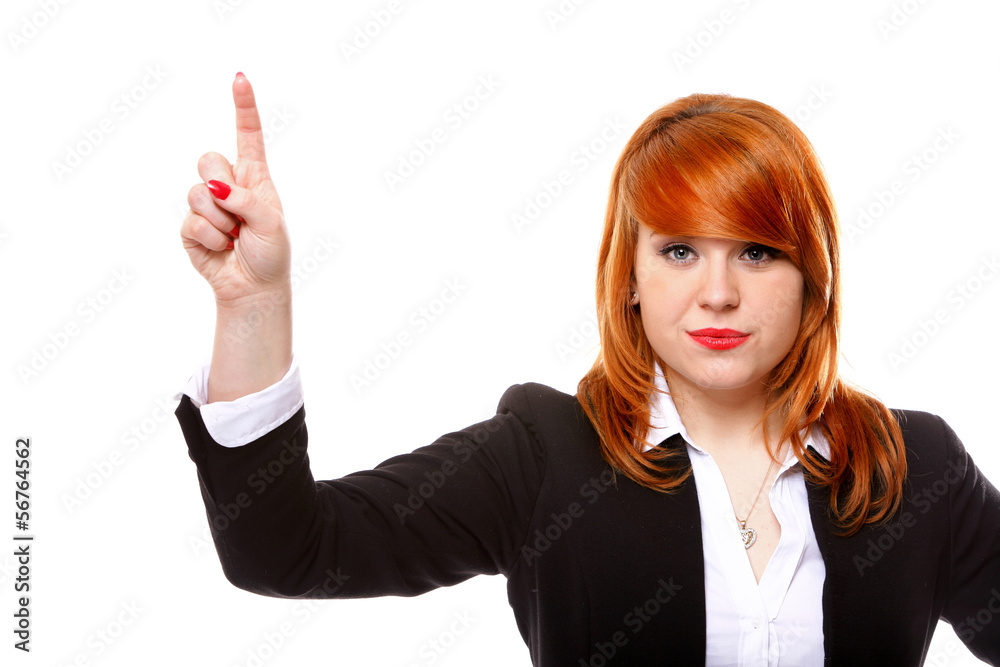 Businesswoman pressing button or pointing Businesswoman pressing button or pointing