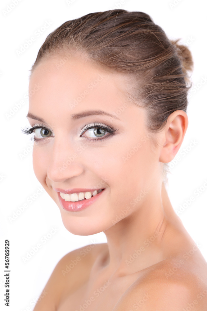 Beautiful girl with glowing skin close-up isolated on white Beautiful girl with glowing skin close-up isolated on white