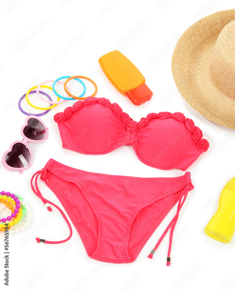 Swimsuit and beach items isolated on white Swimsuit and beach items isolated on white