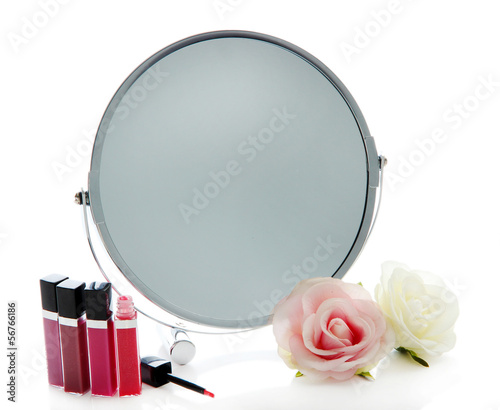 Group decorative cosmetics for makeup and mirror, isolated
