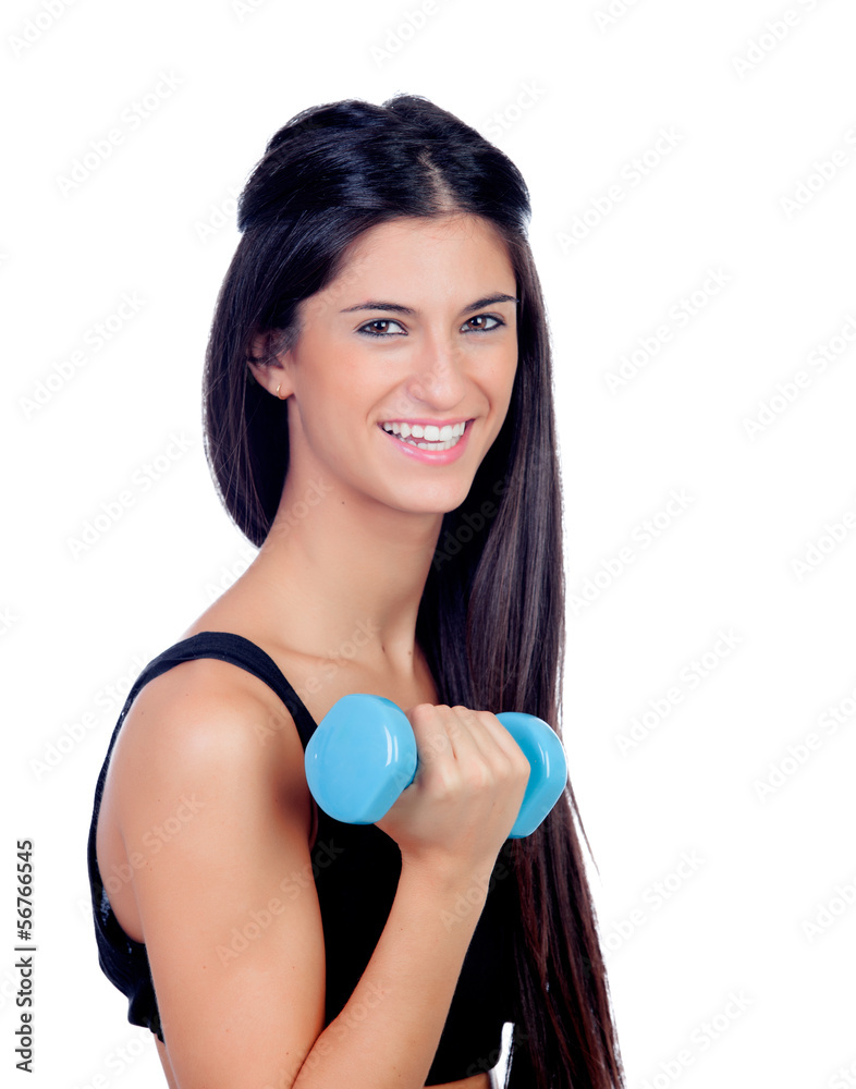 Happy brunette girl with blue dumbbells Happy brunette girl with blue dumbbells