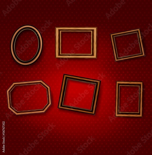 Wooden vintage frames on old wall. Vector illustration.