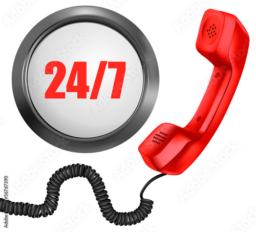 Telephone and 24/7 button. 24 hours in day, 7 days in week suppo