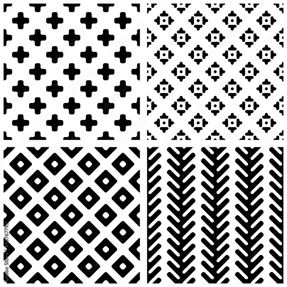 Set of 4 monochrome geometric seamless patterns. Set of 4 monochrome geometric seamless patterns.