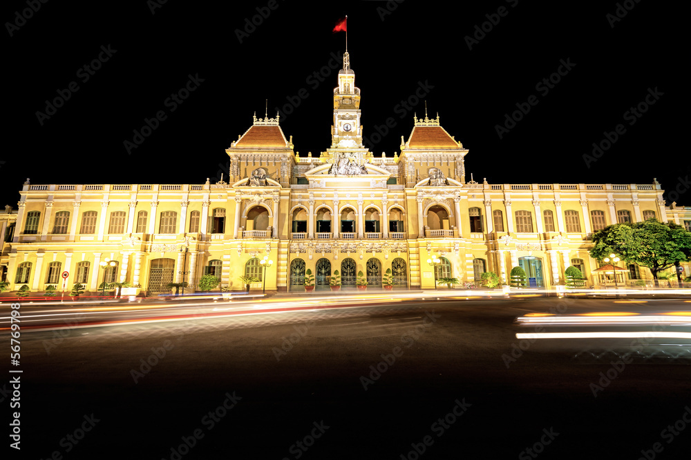 Night scene of Ho Chi Minh City Hall in Vietnam