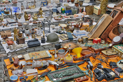 old objects at Marolles district flea market in Brussels