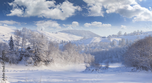 Beautiful winter landscape in the mountain village.