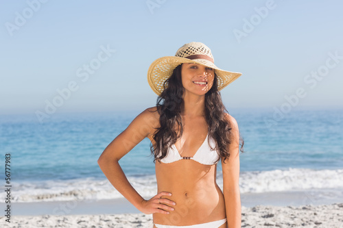 Cheerful attractive dark haired woman wearing straw hat posing