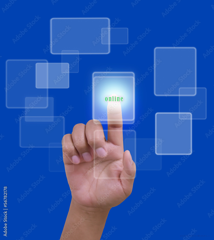 slide online network with hand on blue background slide online network with hand on blue background