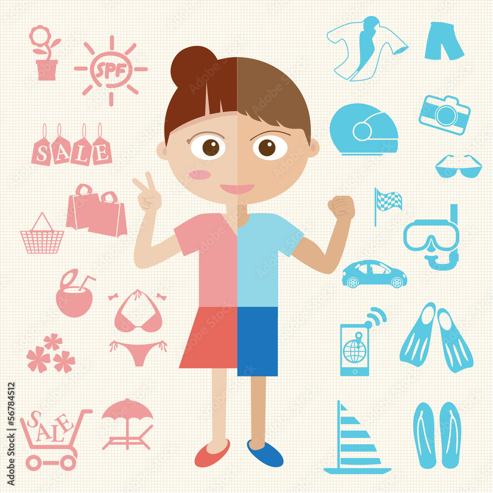 Girl and Boy half body with object icon. Vector