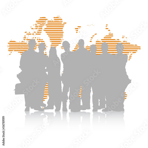 Group of industrial workers. Over world map.