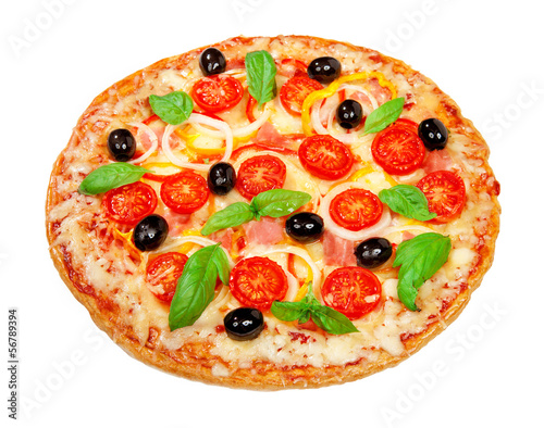 Delicious fresh pizza with ham and cherry tomatoes on a white ba