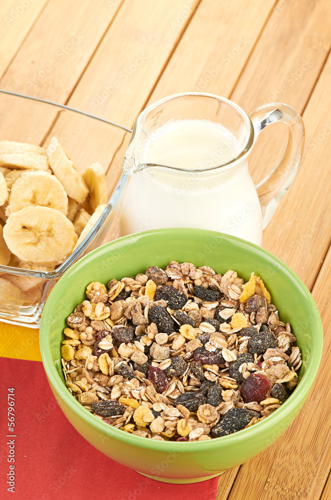 Delicious and healthy cereal in bowl with milk Delicious and healthy cereal in bowl with milk