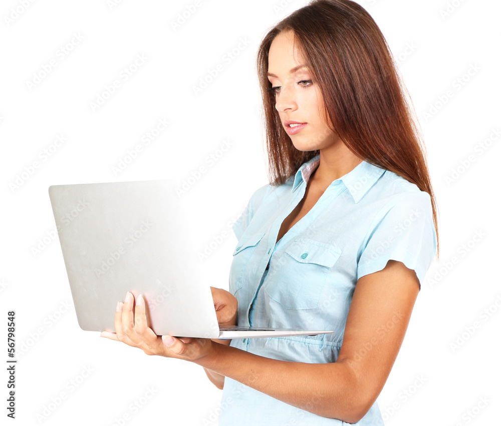 Young beautiful business woman with laptop isolated on white Young beautiful business woman with laptop isolated on white