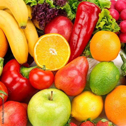 bright background of ripe fruits and vegetables
