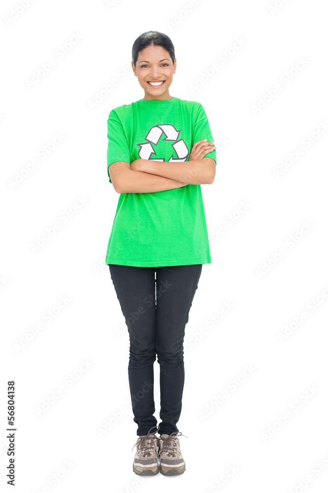 Fototapeta premium Happy black haired model wearing recycling tshirt