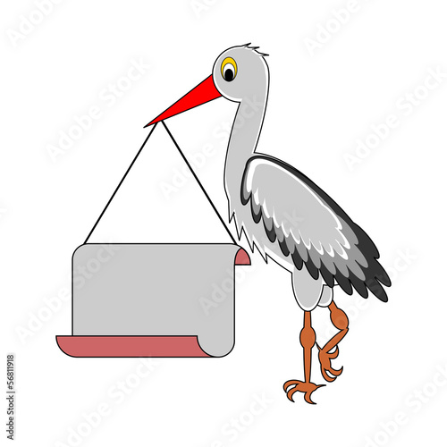 A stork holding a big blank paper in his beak