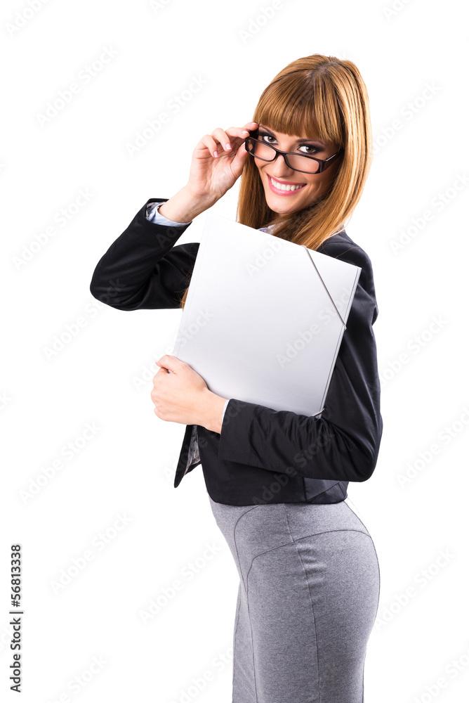 Portrait of smiling business woman with grey paper folder Portrait of smiling business woman with grey paper folder
