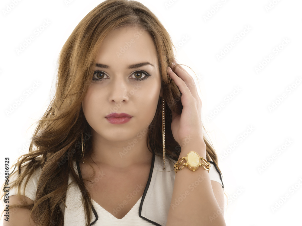 Young beautiful woman with long curly hairs - isolated on white