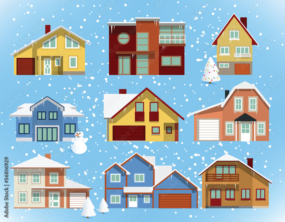 Snow covered city houses