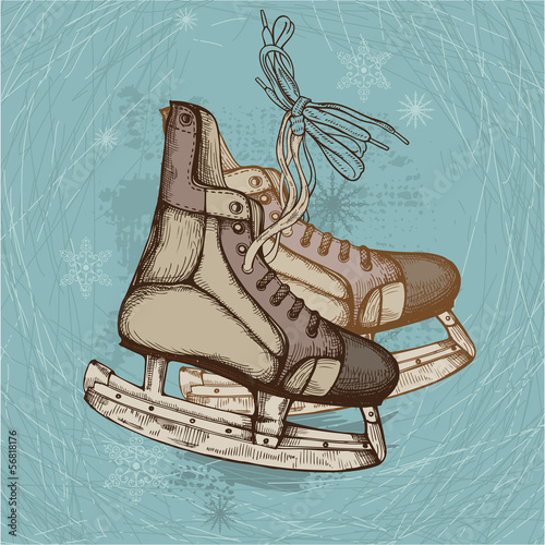 Hand Drawn Illustration of Old Retro Skates on winter background
