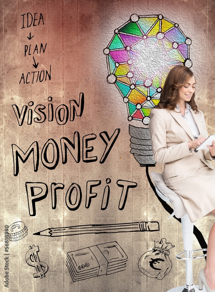 Fototapeta premium Pleased businesswoman using a tablet pc sitting on a bar chair