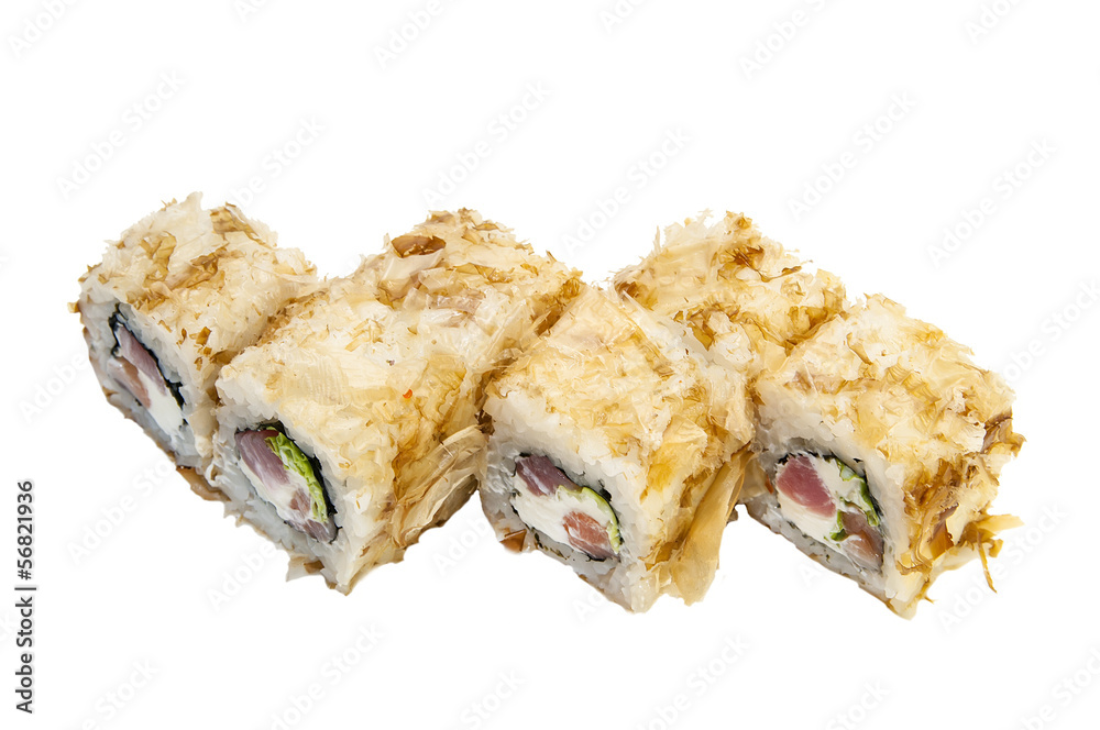 Japanese rolls in a restaurant with fish and vegetables Japanese rolls in a restaurant with fish and vegetables