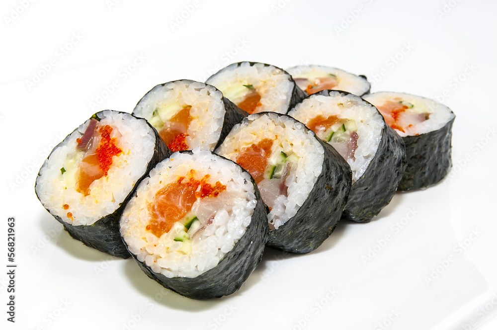 rolls in a restaurant with fish and vegetables rolls in a restaurant with fish and vegetables