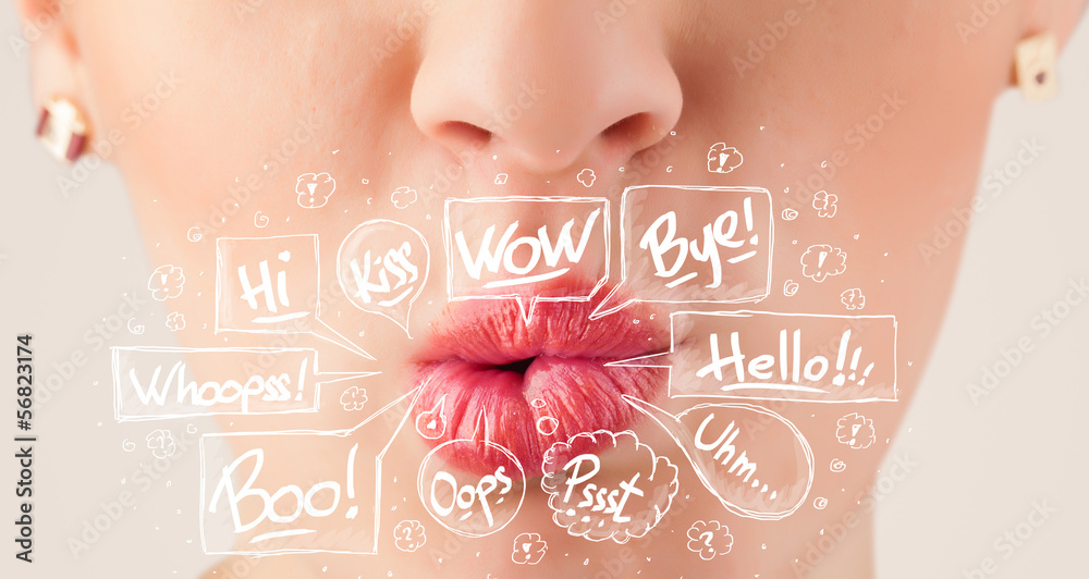 Fototapeta premium Beautiful red lips with white speech bubbles