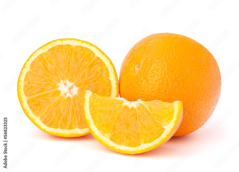 Sliced orange fruit segments isolated on white background Sliced orange fruit segments isolated on white background