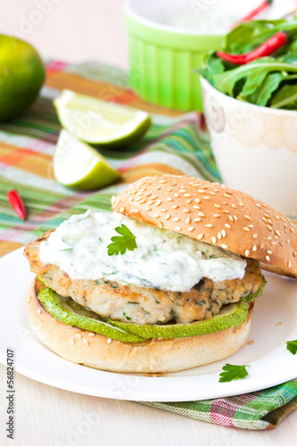Fresh, delicious chicken burger in the Greek style with zucchini