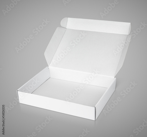 Open white blank carton pizza box on gray with clipping path