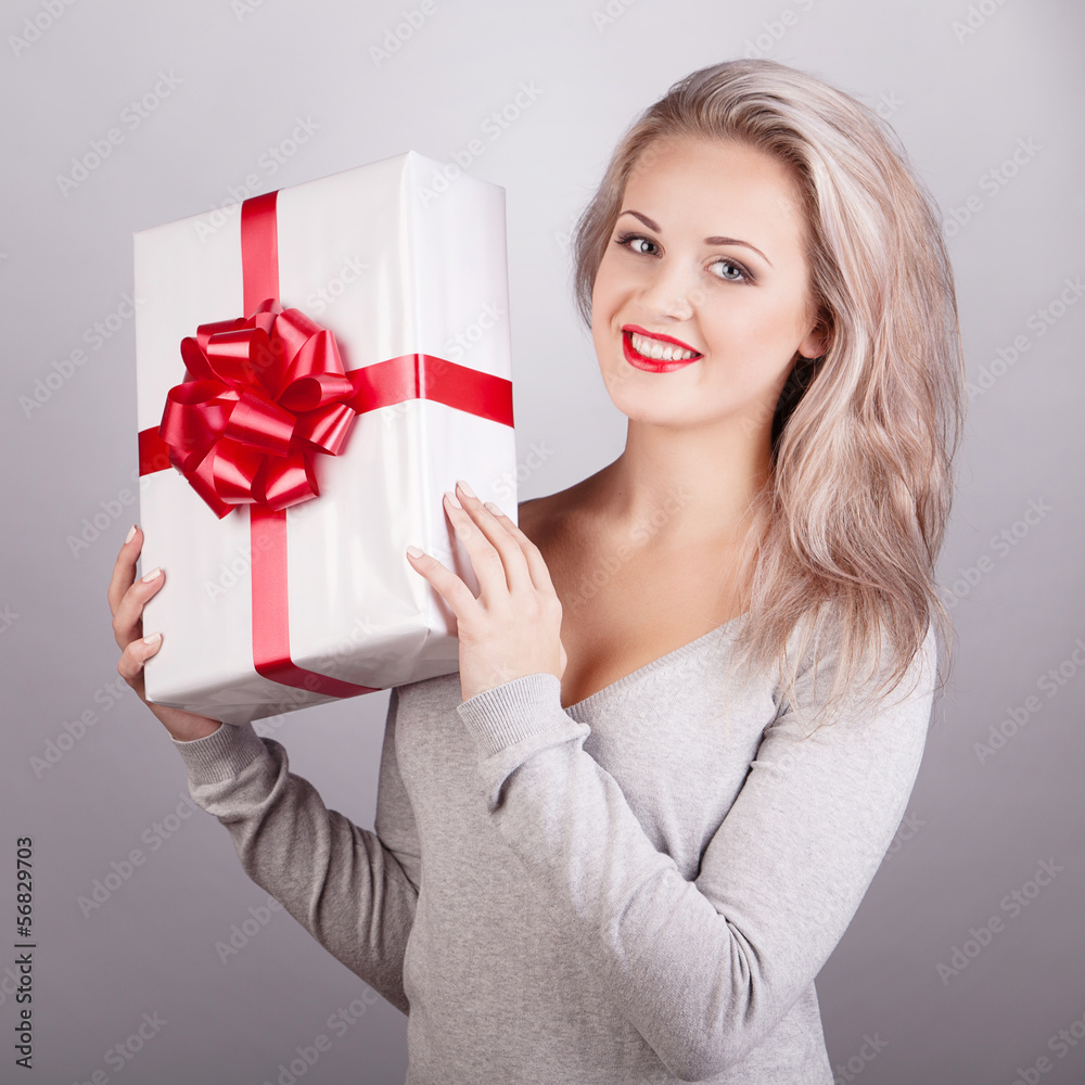 Portrait beauty young girl with christmas gift Portrait beauty young girl with christmas gift