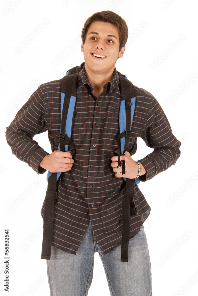 Handsome young man with backpack smiling front view Handsome young man with backpack smiling front view