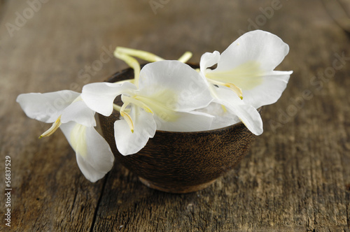 Orchid with salt in bowl on old wood background