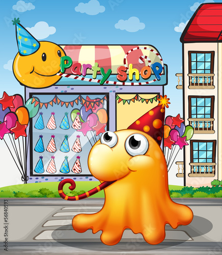 A monster crossing the pedestrian lane near the party shop